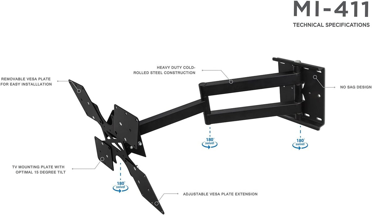 Black Full Motion TV Wall Mount for 32 to 55 Inch Screens, VESA 400x400mm, 100 Lb Capacity, Pack of 2 B92915