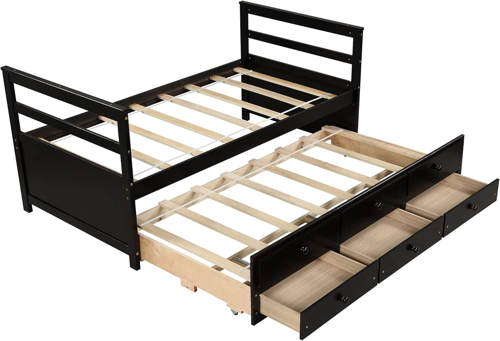 Twin Wood Platform Daybed Frame with Trundle and 3 Storage Drawers O85522