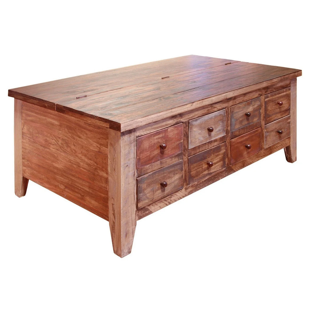 50 Inch 8 Drawer Lift Top Pine Wood Coffee Table D9405