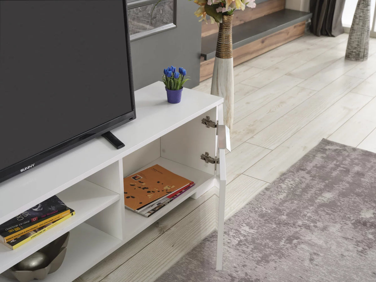 White Mid Century Tv Stand with Shelf L1815