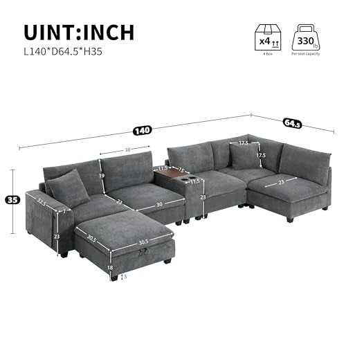 Oversized Modular Sectional Sofa with Storage Ottoman and Console, Gray S785079