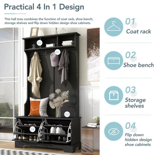Wood Hall Tree with 2 Flip Shoe Storage Drawers and Storage Bench M349