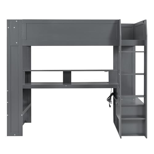 Dark Gray Wood Twin Size Gaming Loft Bed with Desk and Shelves Q7850