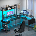 L Shaped Gaming Computer Desk with Monitor Shelf, Power Outlets & LED Lights R26523