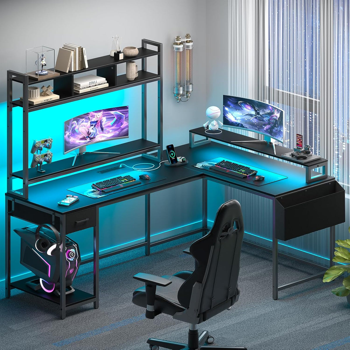 L Shaped Gaming Computer Desk with Monitor Shelf, Power Outlets & LED Lights R26523