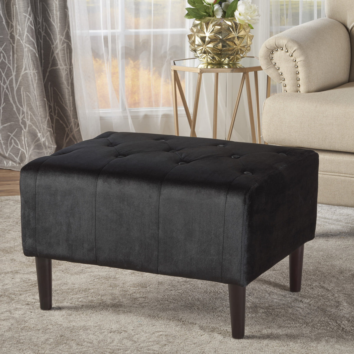 Black and Dark Brown Velvet Ottoman W8165