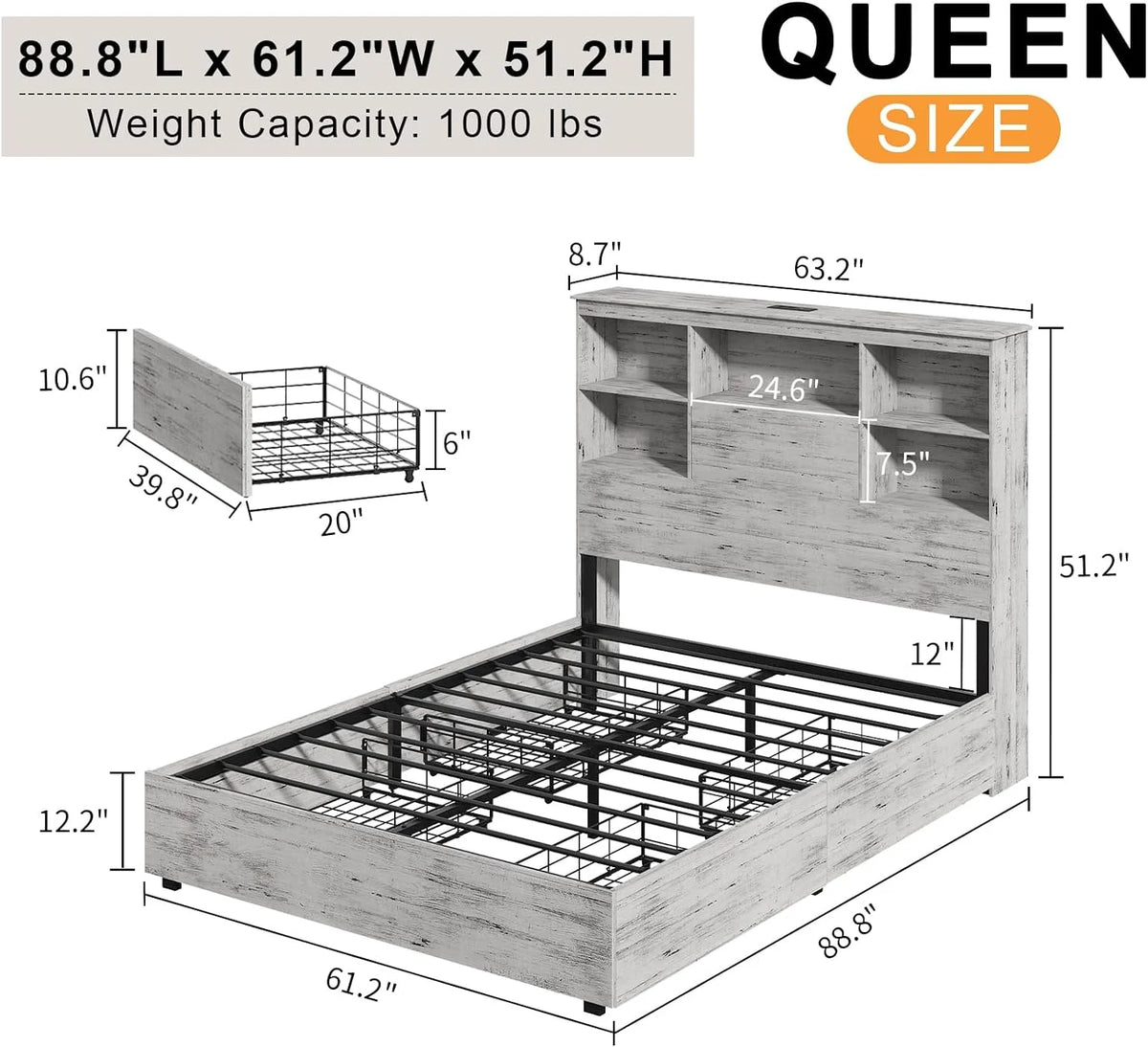 Queen Size Wood Storage Bed with 4 Drawers J568