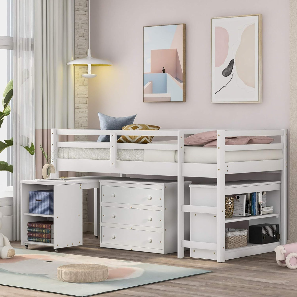 White Wood Twin Loft Bed with Storage Drawers R83058