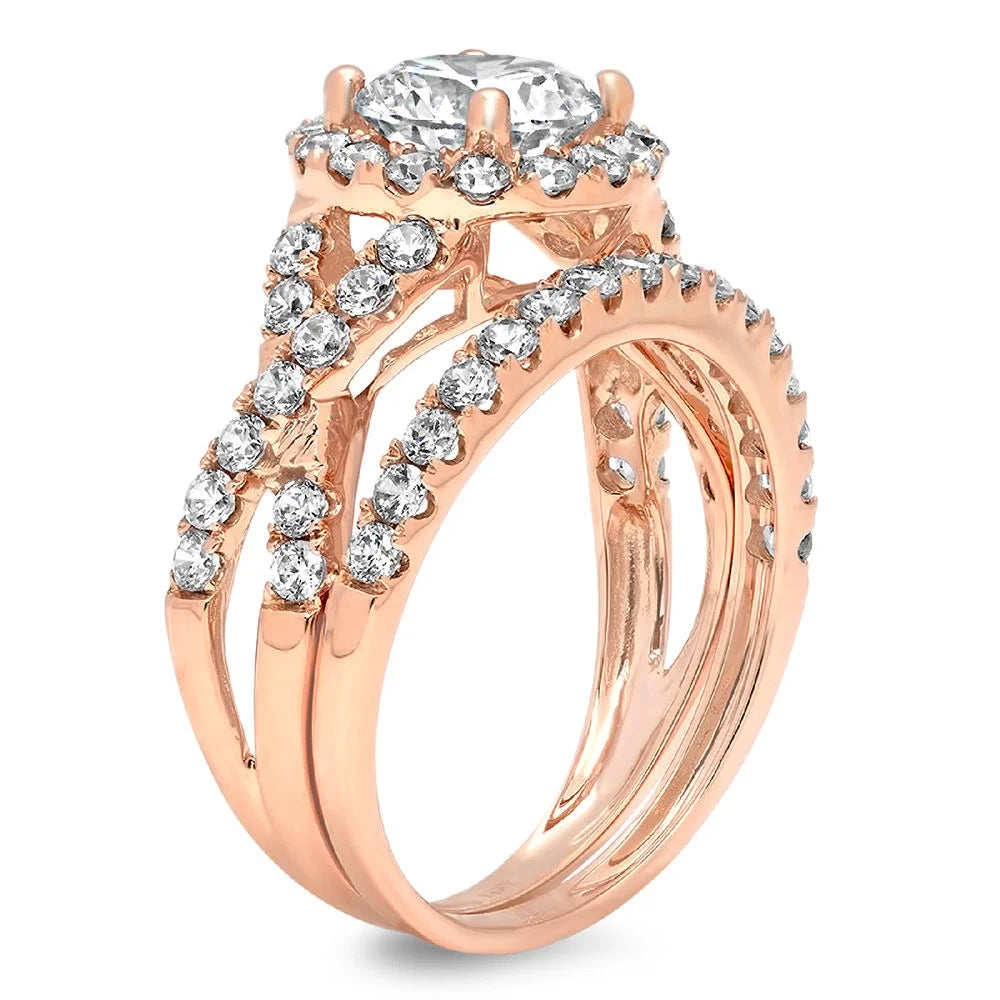 18K Rose Gold Halo Engagement Ring with Crystal Side Stones K1690