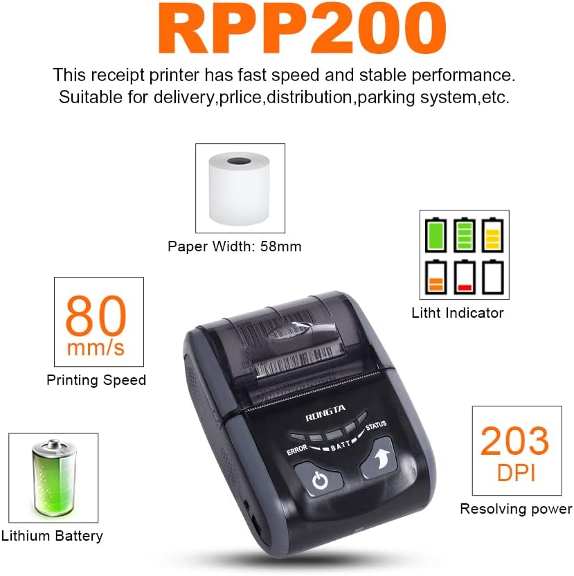 Portable Receipt Printer 58mm Direct Thermal Printer with Bluetooth USB, Grey, Pack of 2 W524
