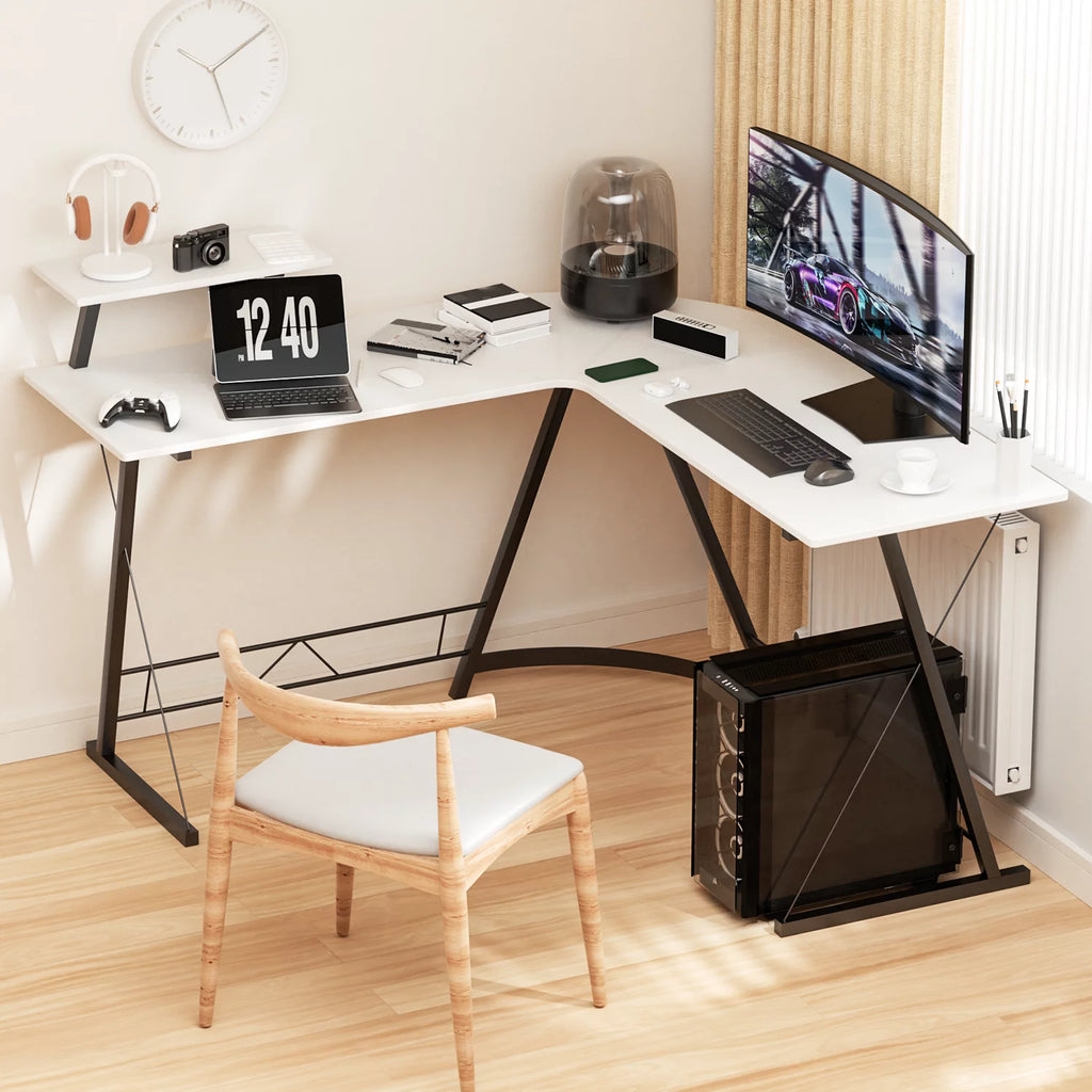 White L Shaped Corner Gaming Desk with Monitor Stand D290