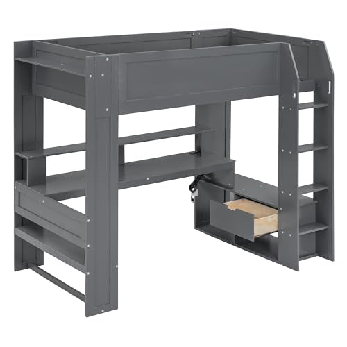 Dark Gray Wood Twin Size Gaming Loft Bed with Desk and Shelves Q7850