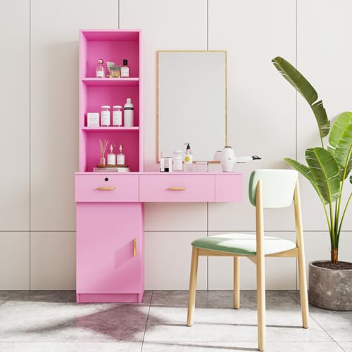 Pink Wood Computer Desk with Drawers Shelves Dresser Desk K1698