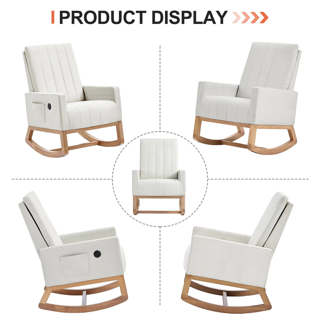 Mid-Century Rocking Nursery Chair with USB Ports and Storage Pockets Y4795