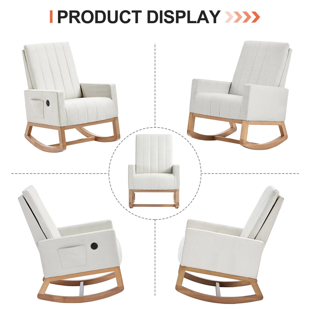 Mid-Century Rocking Nursery Chair with USB Ports and Storage Pockets Y4795