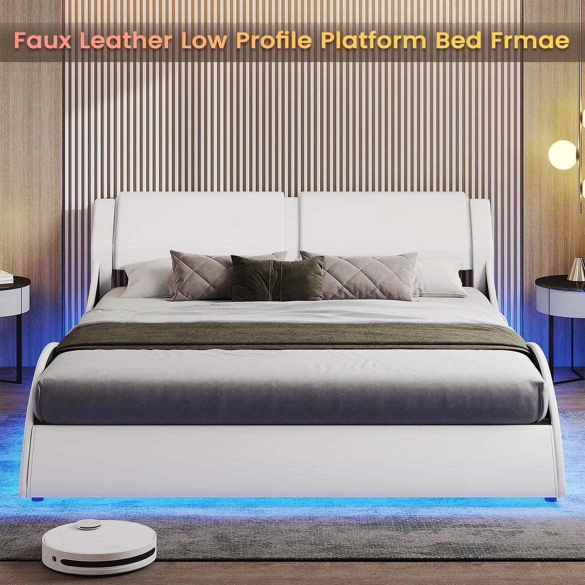 Queen Upholstered Led Bed Frame Faux PU Leather Black White T65042