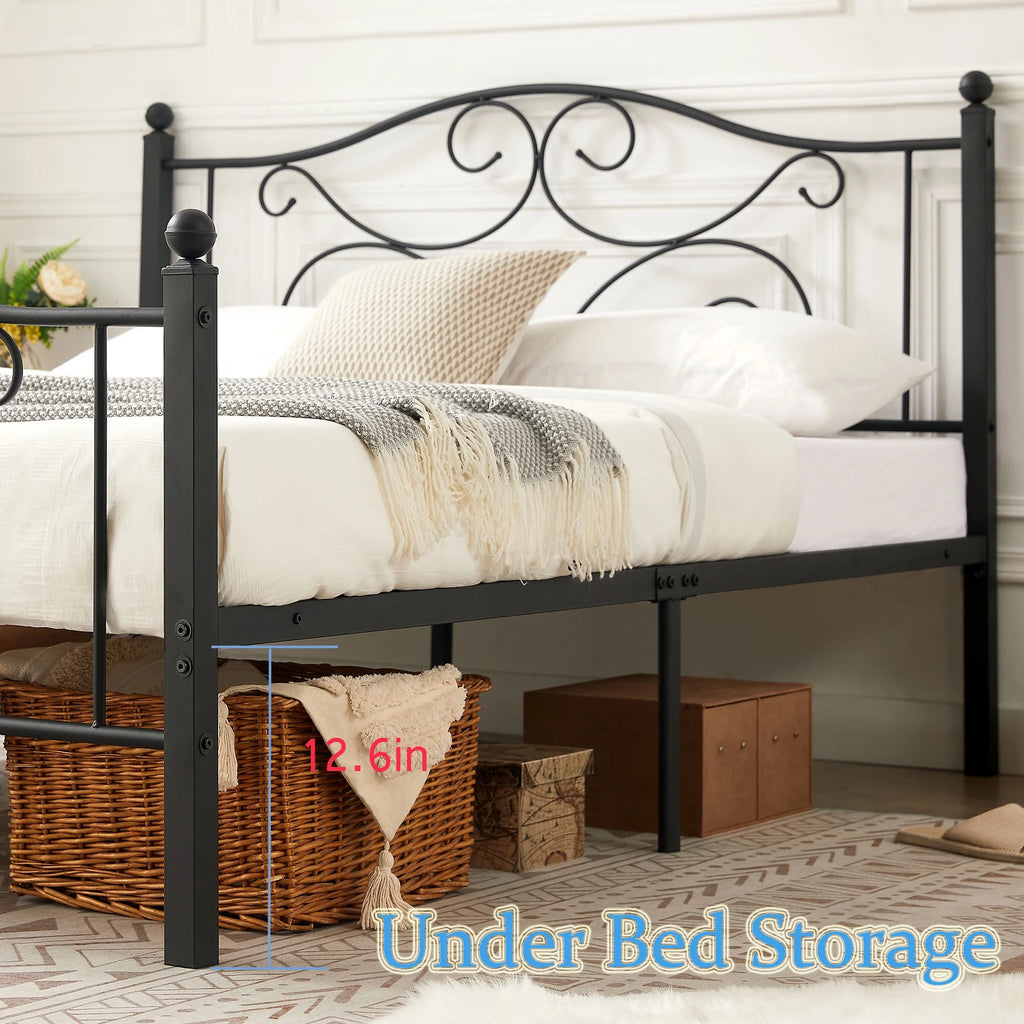 Metal Platform Bed Frame with Victorian Headboard and Footboard, Full Size, Black M718