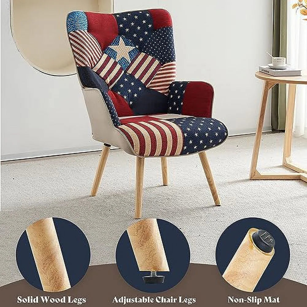 Grey Plaid Upholstered Accent Chair with Wooden Base N573
