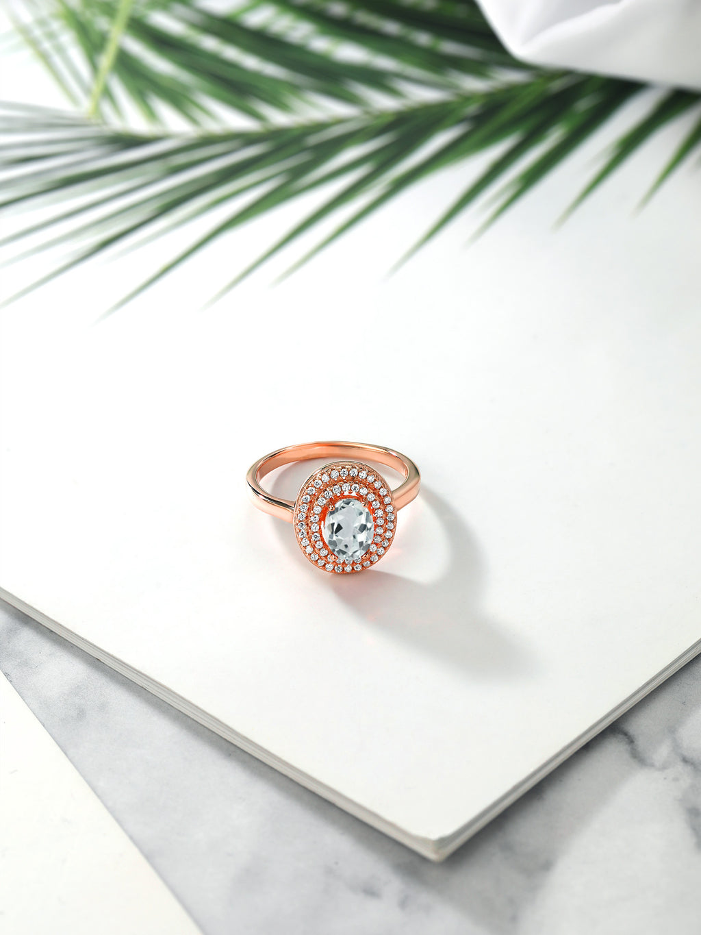 18K Rose Gold Plated Silver Oval Sky Blue Aquamarine Halo Engagement Ring H93864