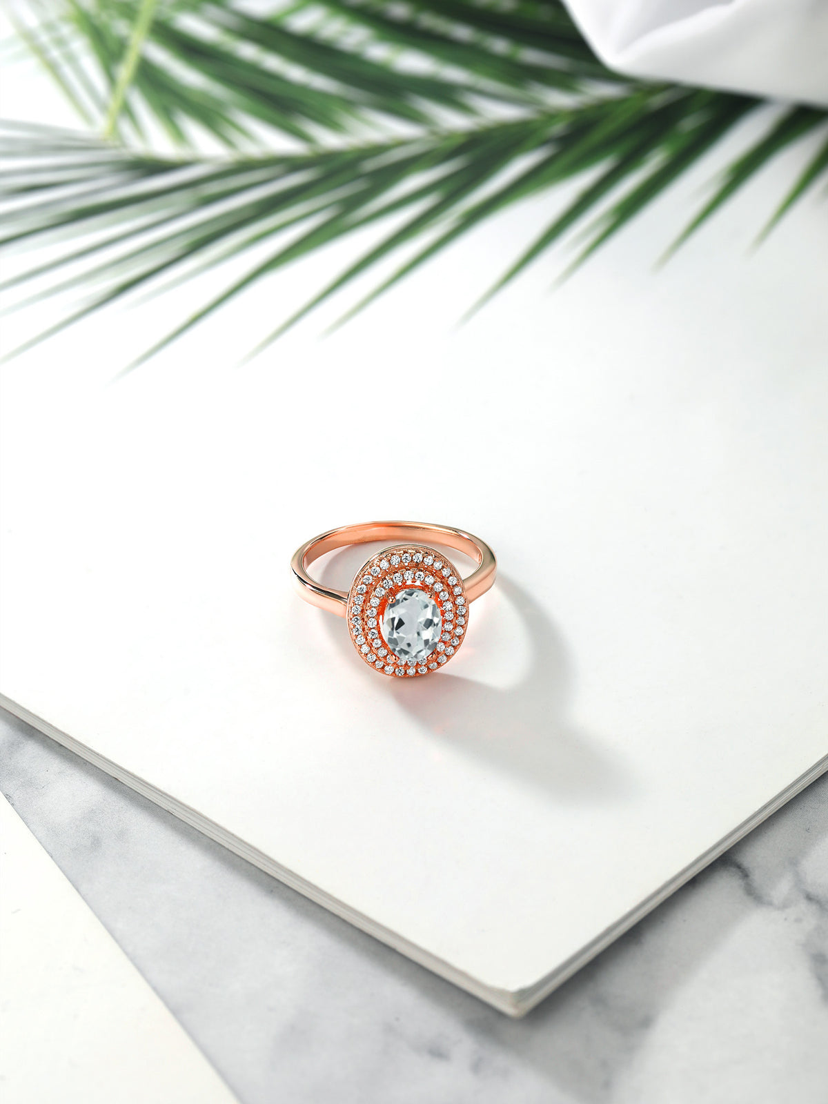 18K Rose Gold Plated Silver Oval Sky Blue Aquamarine Halo Engagement Ring H93864