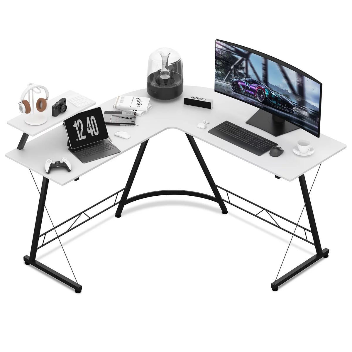 White L Shaped Corner Gaming Desk with Monitor Stand D290