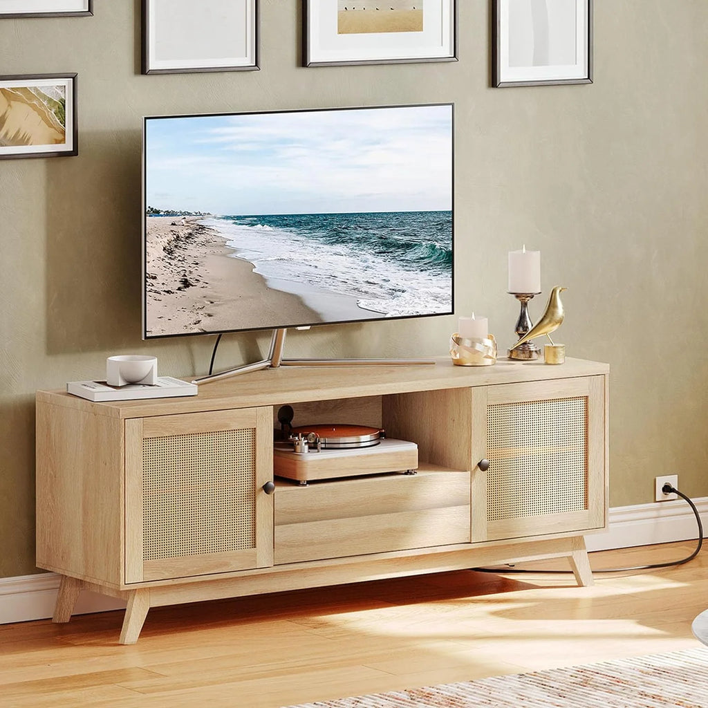 Rattan TV Stand for up to 65 inches TV with Charging Station J3921