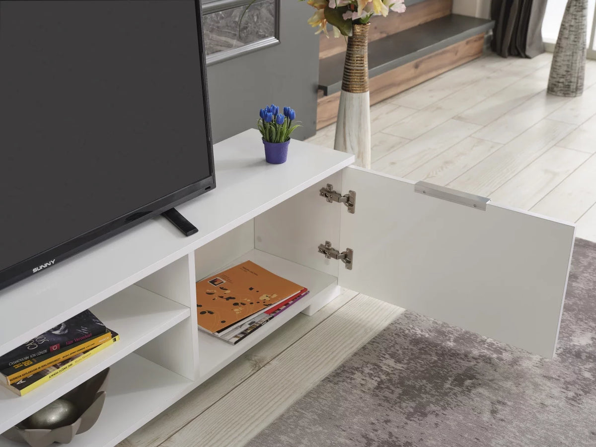 White Mid Century Tv Stand with Shelf L1815