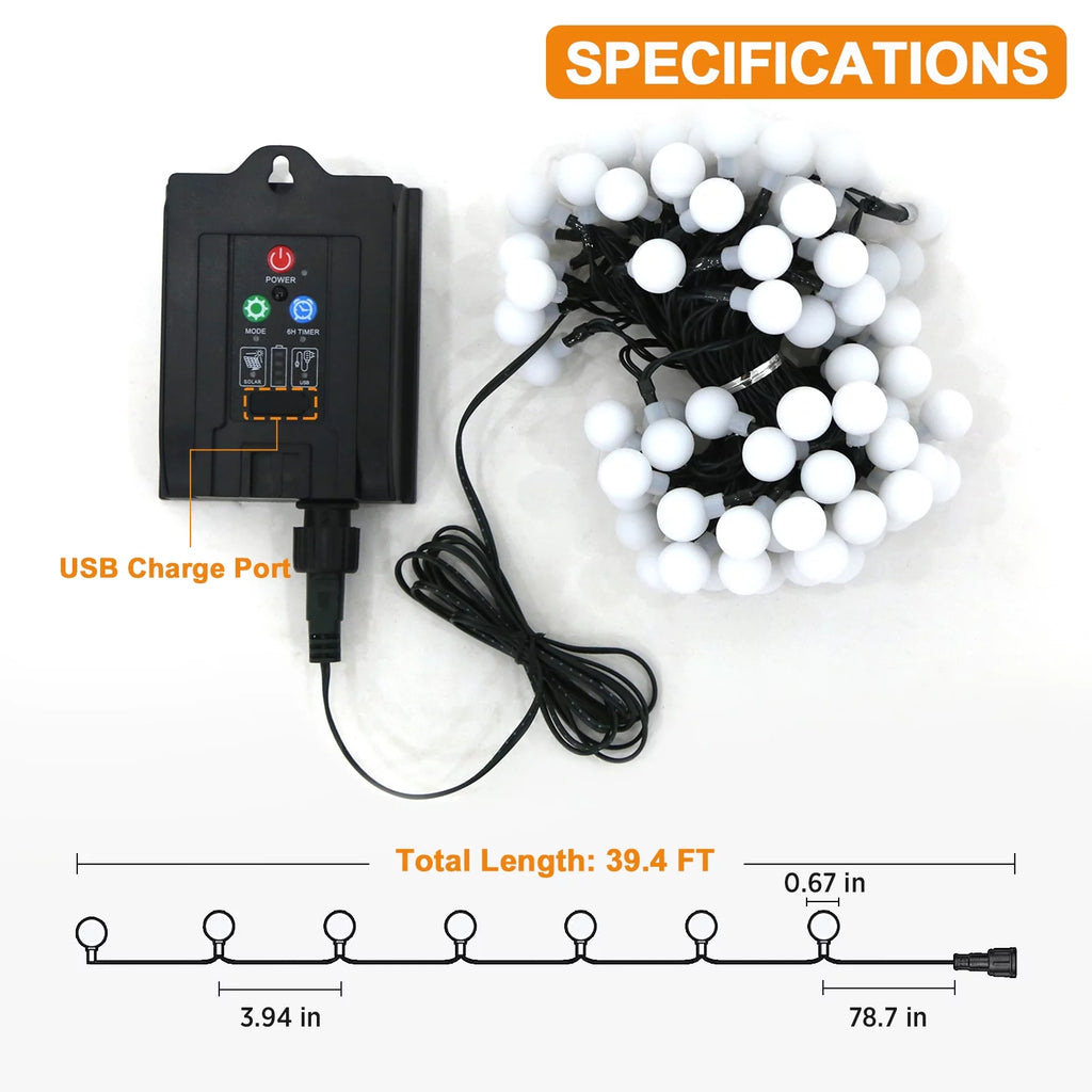 Solar-Powered Globe String Lights 39 ft 100 LED with Remote Control, 8 Modes, Waterproof Warm White T8709