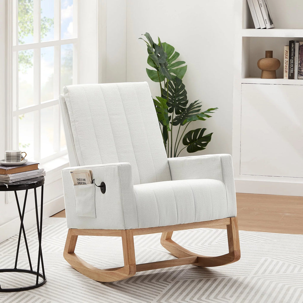 Mid-Century Rocking Nursery Chair with USB Ports and Storage Pockets Y4795