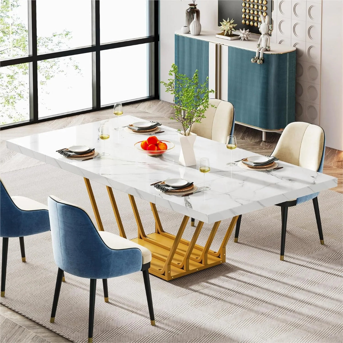 63" Rectangular Dining Table with Faux Marble Top Q420