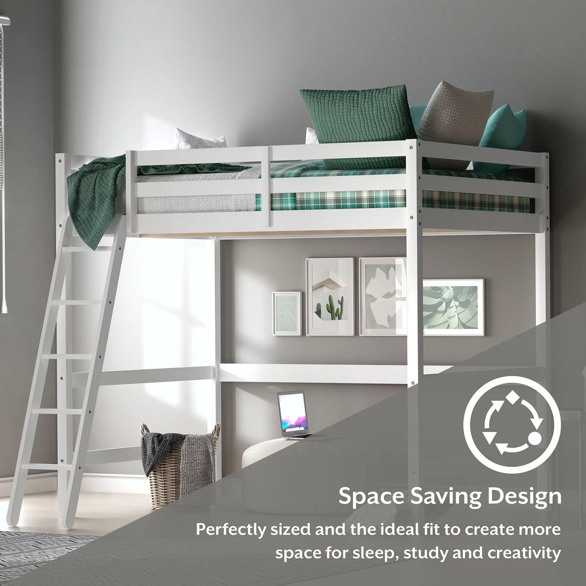 White Wood Full Loft Bunk Bed with Ladder M639