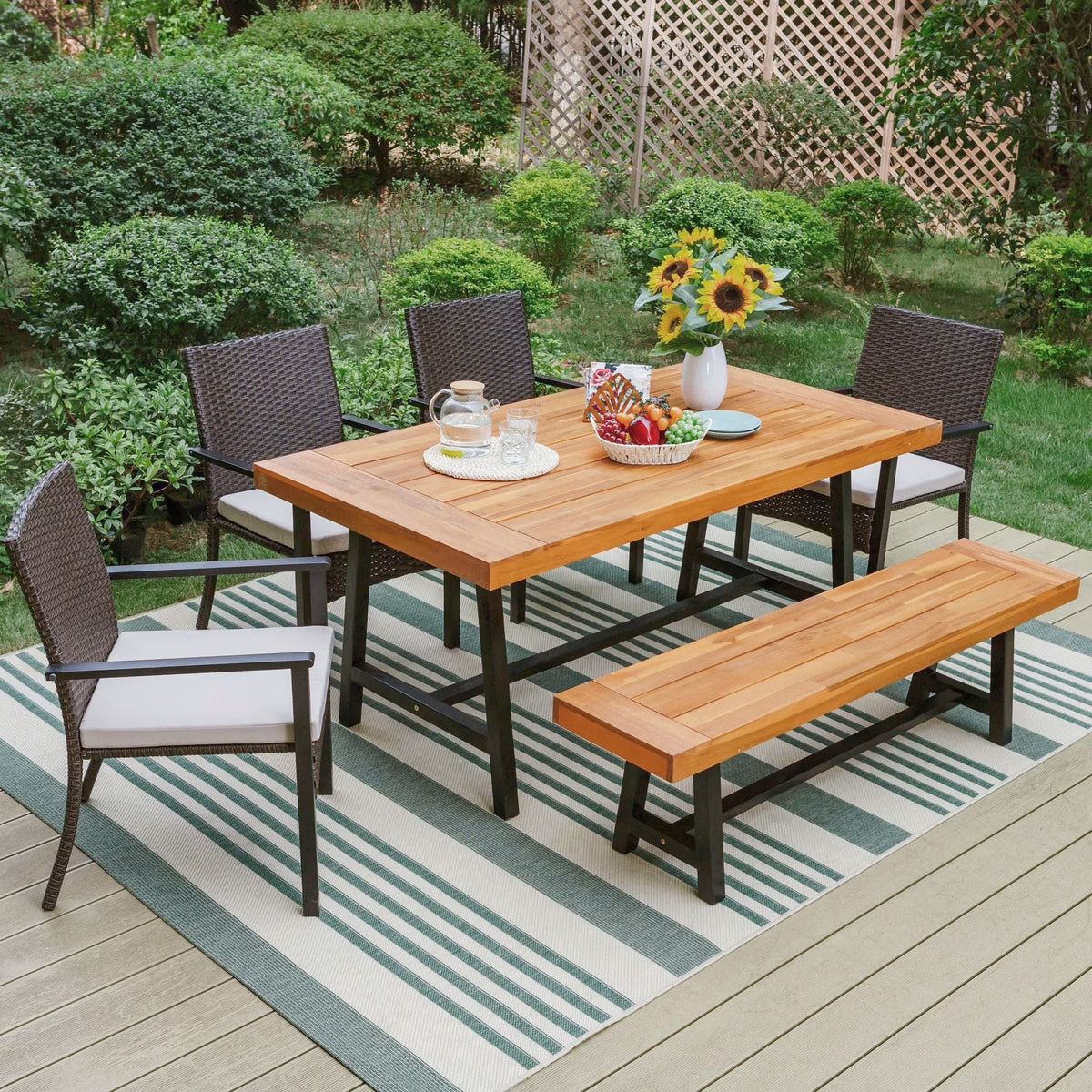 6-Piece Outdoor Dining Set with Acacia Wood Table, Bench and Wicker Chairs with Cushions C7012