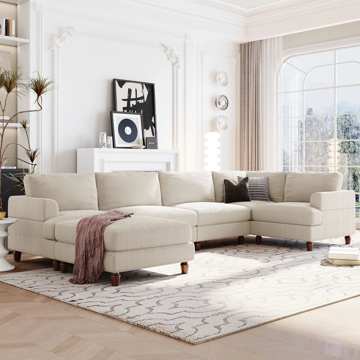 Beige Corduroy Modular Sectional Sofa with Chaise V47411