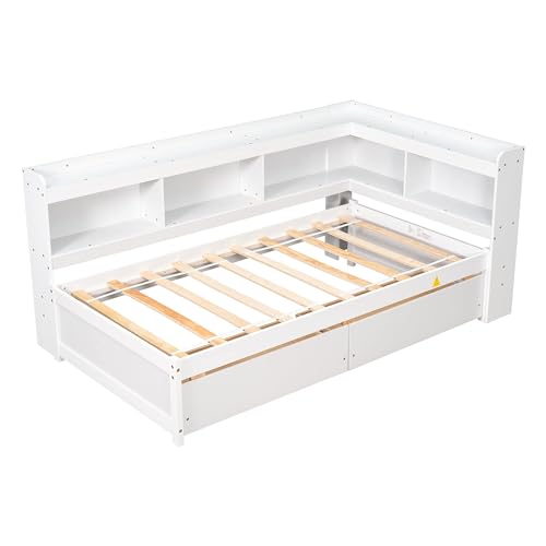 White Twin Size Wooden Bookcase Bed with Storage Drawers M2143