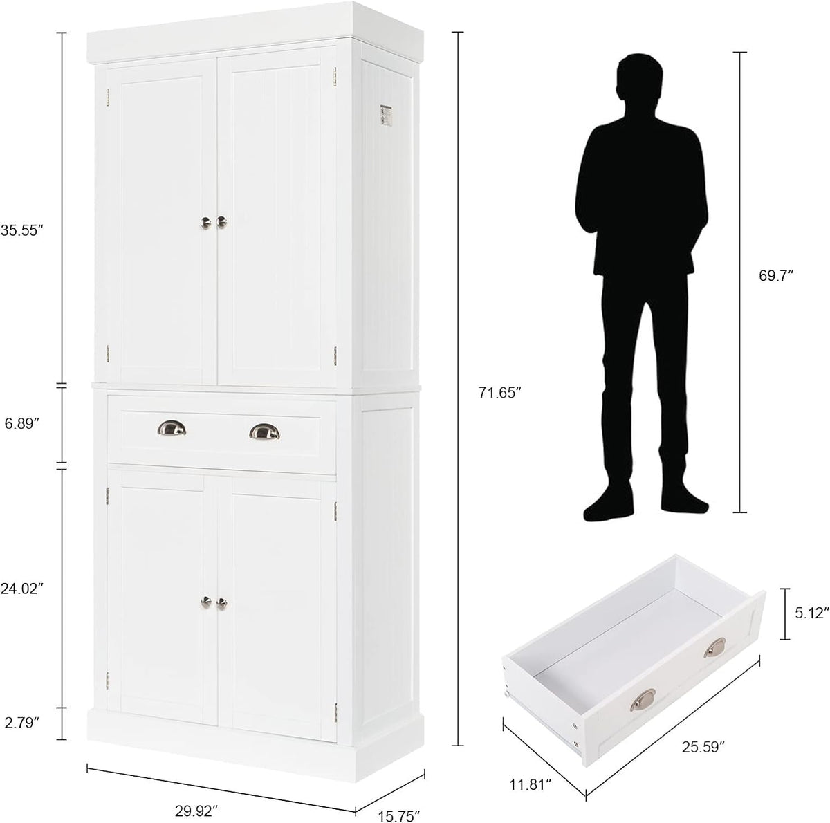 White 72" Tall Wood Pantry Cabinet with Doors and Shelves H6459