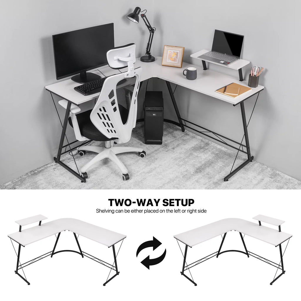 White L Shaped Corner Gaming Desk with Monitor Stand D290