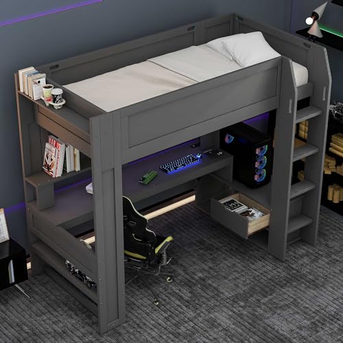 Dark Gray Wood Twin Size Gaming Loft Bed with Desk and Shelves Q7850