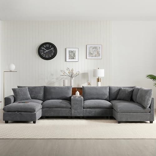 Oversized Modular Sectional Sofa with Storage Ottoman and Console, Gray S785079