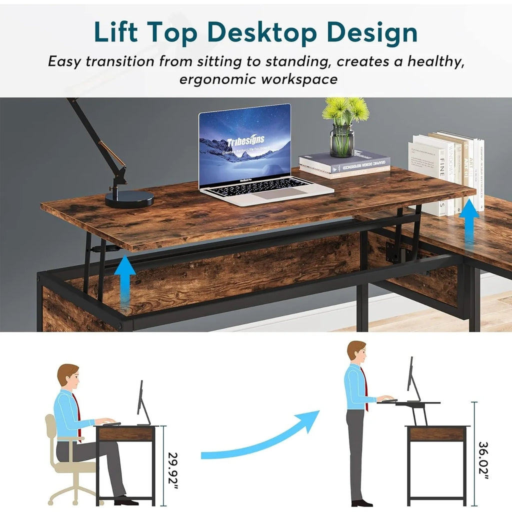 L-Shaped 59" Computer Desk with Drawers Corner Desk with Lift Top S144