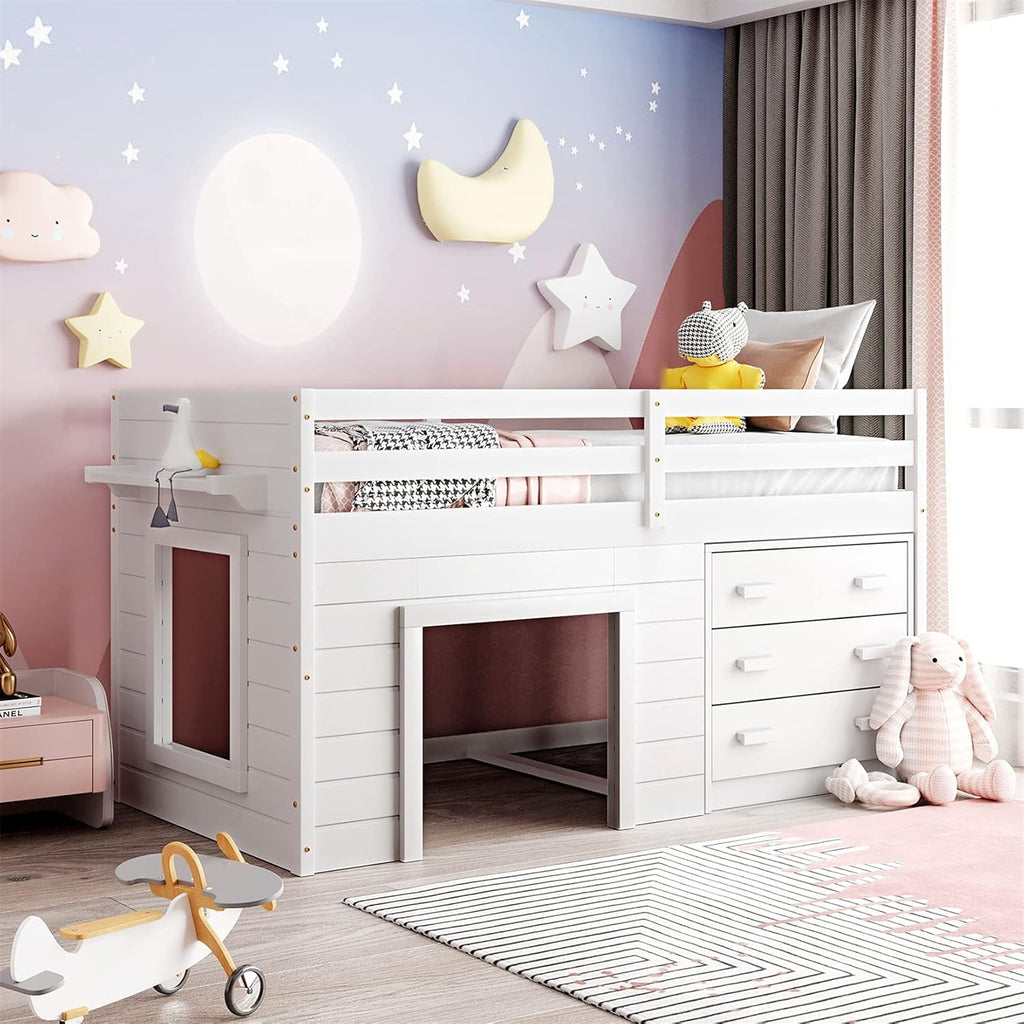White Wood Twin Loft Bed with Storage Drawers R83058