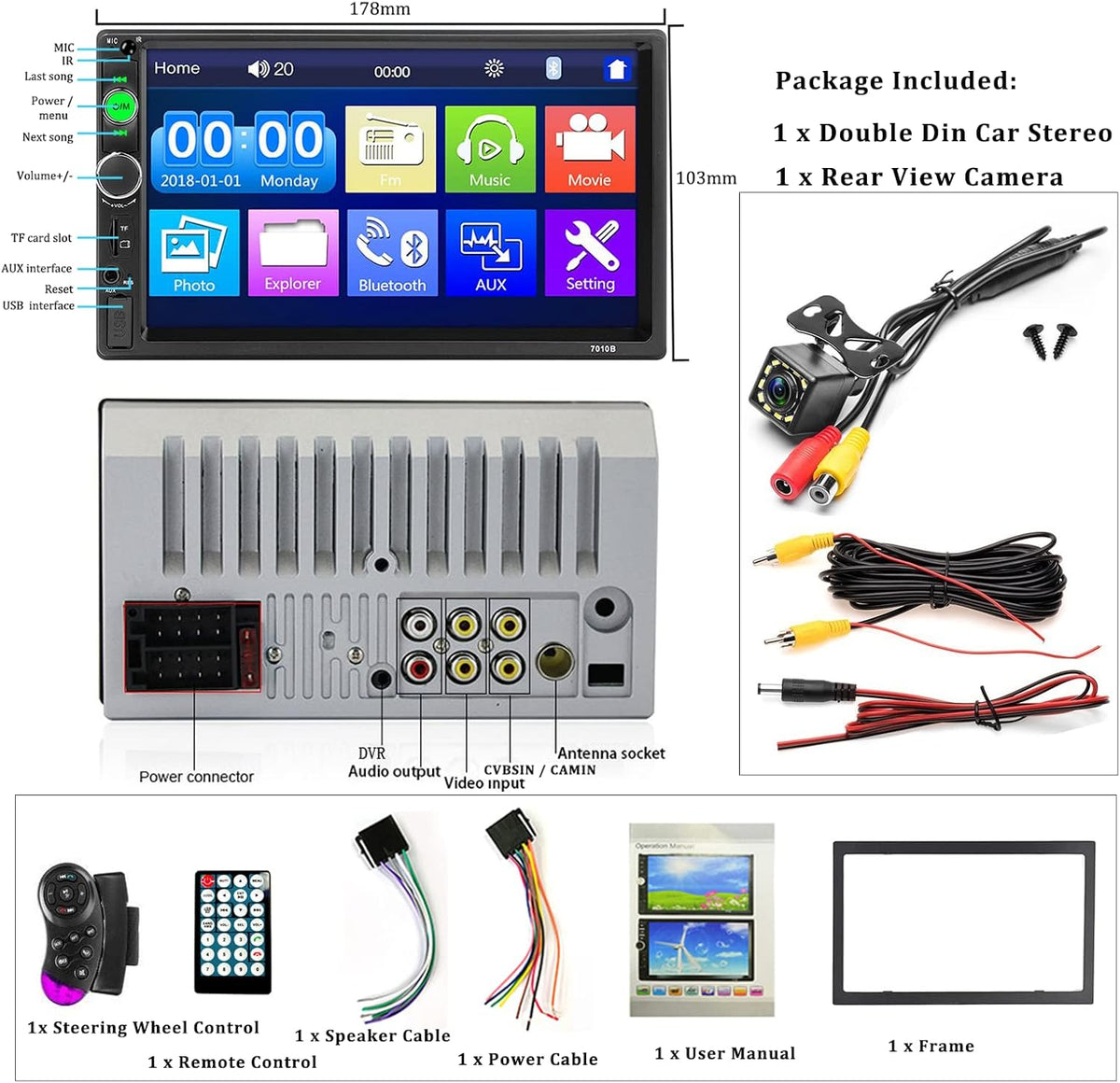 Double Din 7 Inch Touch Screen Bluetooth Car Stereo with Backup Camera G613