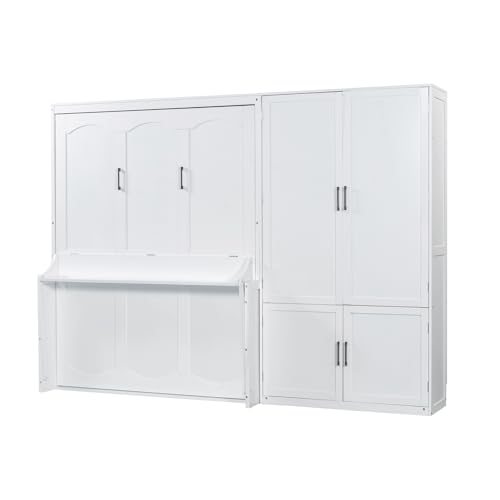 Queen Size Gray Murphy Bed Wall Bed with Desk and Closet Drawers and Shelves S30940