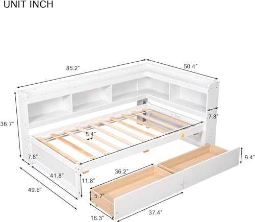 White Twin Size Wooden Bookcase Bed with Storage Drawers M2143