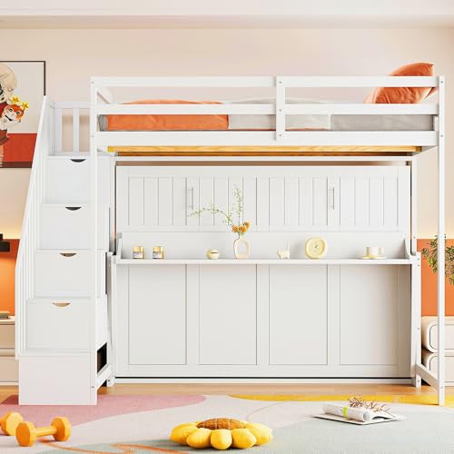 Queen Size Gray Murphy Bed Wall Bed with Desk and Closet Drawers and Shelves S30940