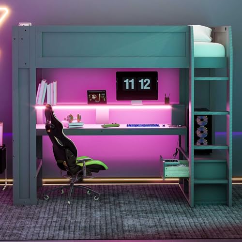 Dark Gray Wood Twin Size Gaming Loft Bed with Desk and Shelves Q7850