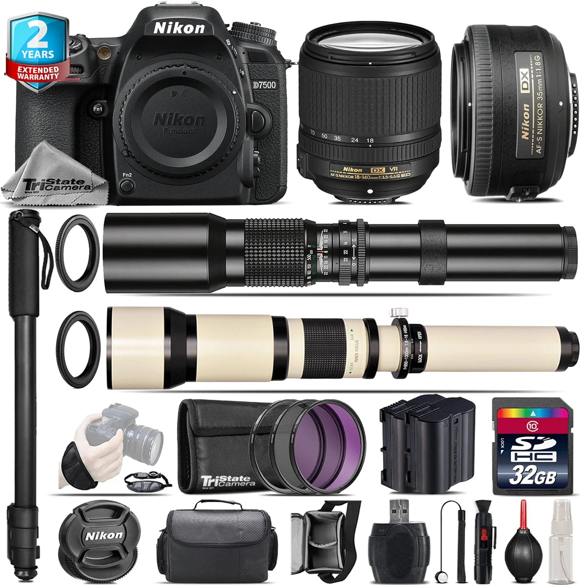Nikon D7500 DSLR Camera with 18-140mm VR, 35mm f/1.8, 500-1300mm, 32GB Kit O2615