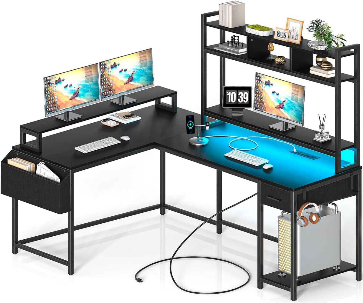 L Shaped Gaming Computer Desk with Monitor Shelf, Power Outlets & LED Lights R26523