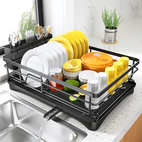 White Large Dish Rack with Drainboard and Utensil Holder M310
