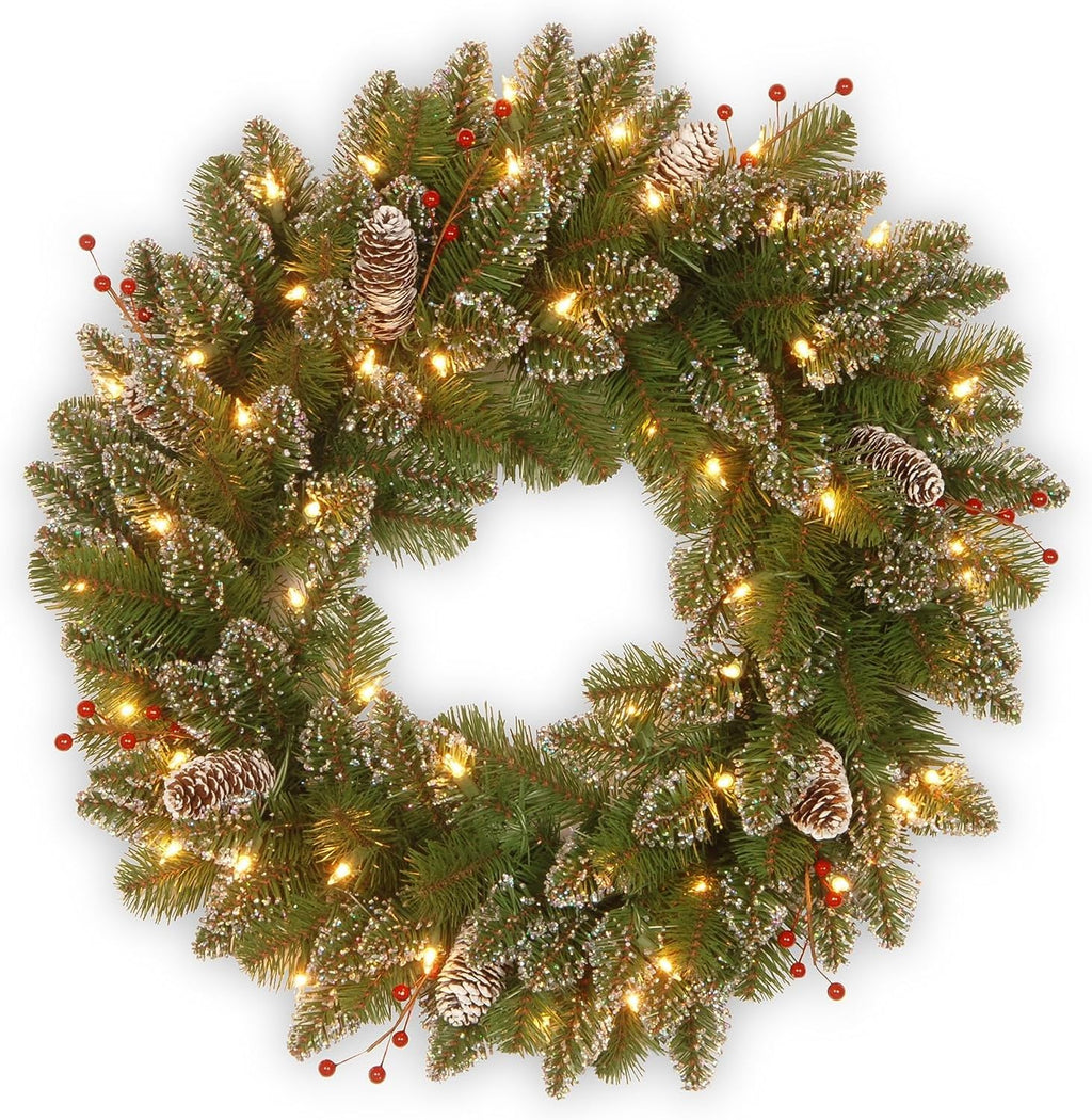 Pre-Lit Artificial Christmas Wreath, Green, White Lights, 24 Inches N336