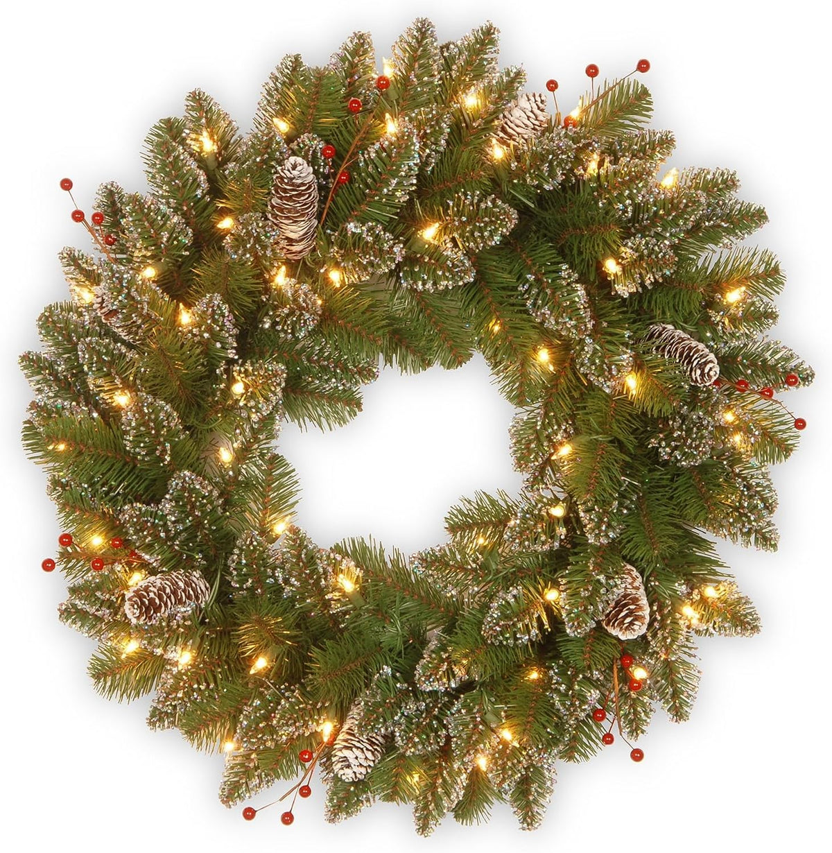 Pre-Lit Artificial Christmas Wreath, Green, White Lights, 24 Inches N336